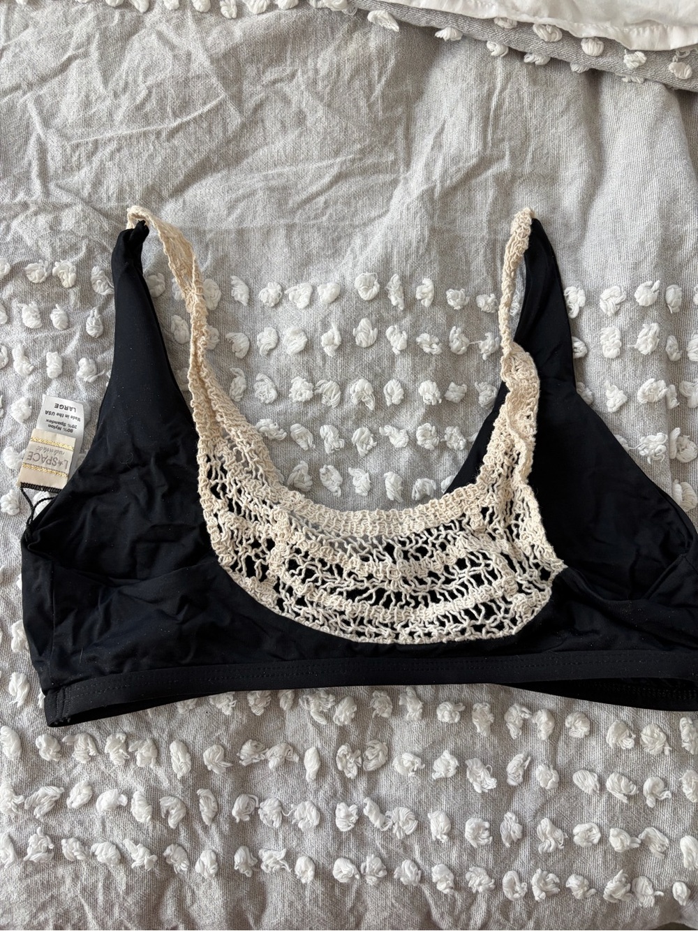 l*space Black Bikini Top with Cream Crochet Trim